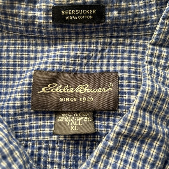 Eddie Bauer Seersucker Men's XL Tall Blue Check Short Sleeve Button Up Shirt EUC - Picture 4 of 6